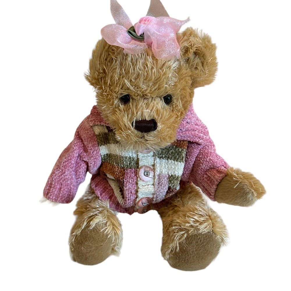 Vintage Rich Teddy Bear Plush Stuffed Animal 10 Inch Pink Sweater Bow‎ Sitting